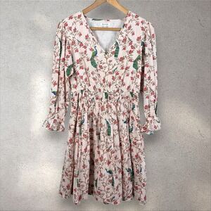 Beau & Ro Women's Peacock Floral Print 3/4 Sleeve Smocked‎ Mini Dress Sz XS